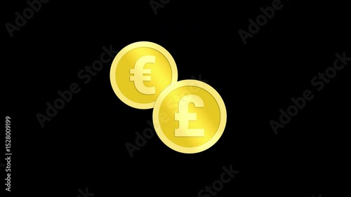 Gold coins with pounds and euro icons are swapped on a blue and transparent background. Currency exchange. Money conversion.