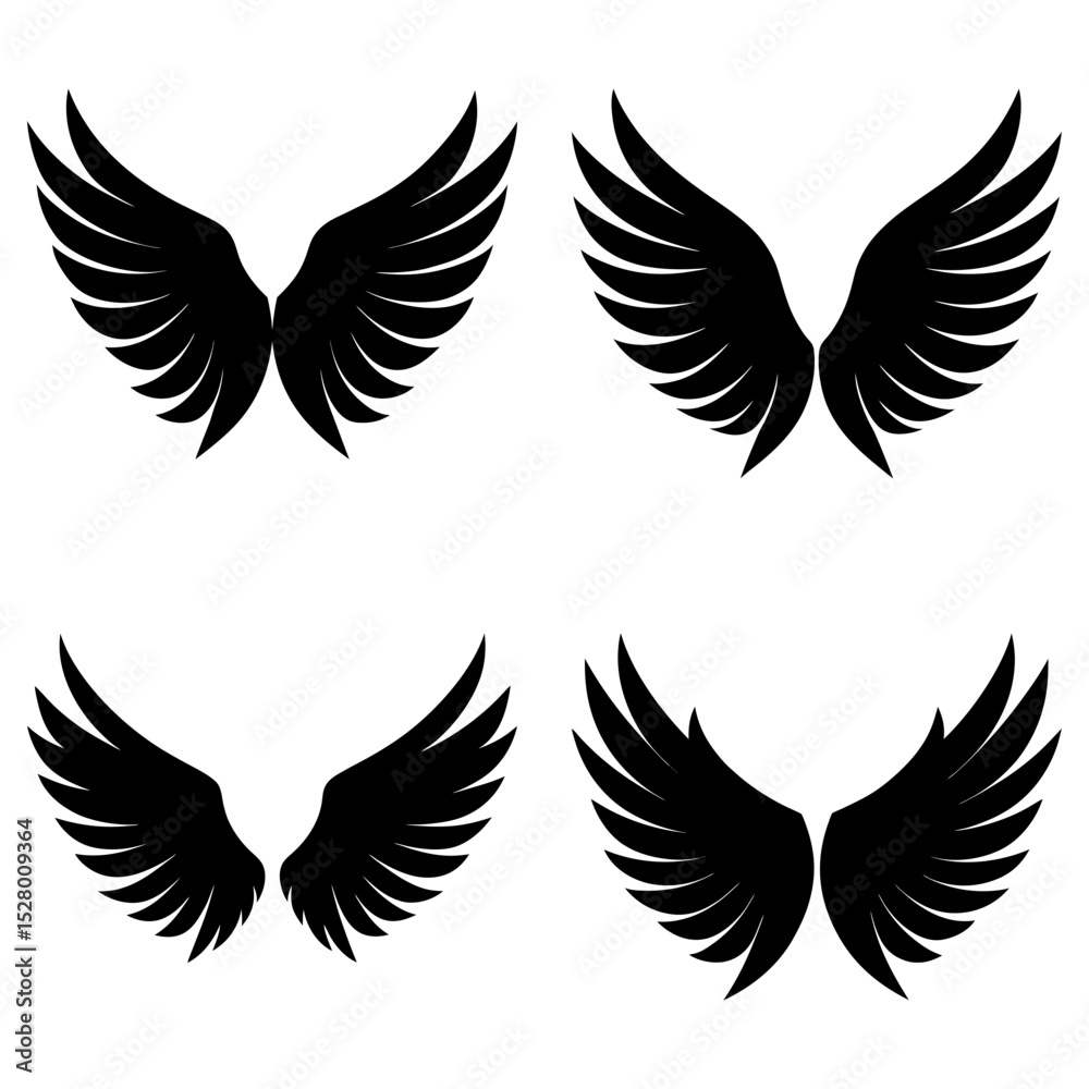 Fototapeta premium Four sets of black wings arranged in a square pattern on a white background in a simple vector style