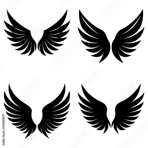 Four pairs of stylized black wings arranged in a square formation on a plain white background design element
