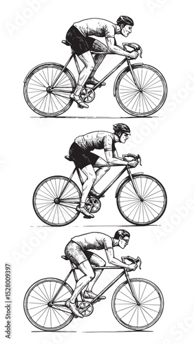 Engraved cyclist riding bicycle fast motion vintage sports healthy lifestyle energetic bold illustration