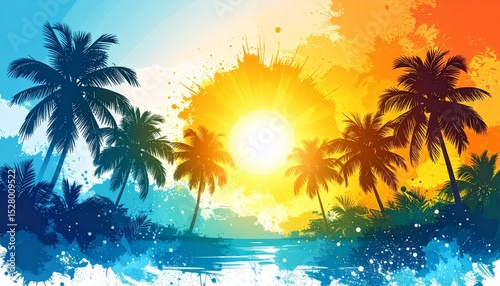 Palm Trees at Sunset, Tropical Beach