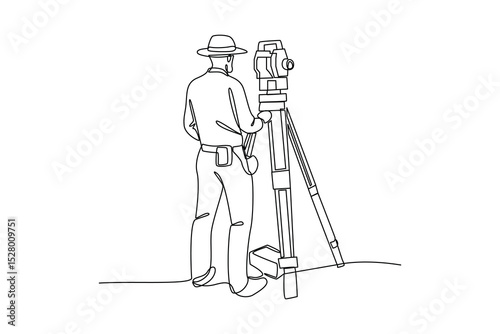 Simple continuous line drawing of surveyor engineer setting equipment. Engineer minimalist concept. Surveyor engineers with equipment, theodolite or total positioning station on the construction site