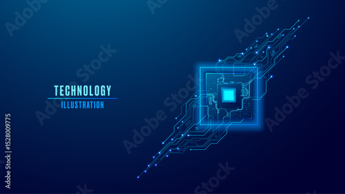 AI chip with circuit wires with bright light electric dots. Artificial Intelligence semiconductor concept. Tech circuit blueprint backdrop for presentation, banner, and website. Abstract vector 