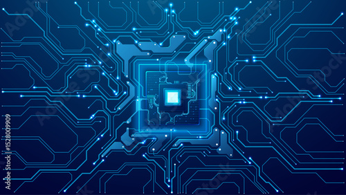 AI chip in technology blue with circuit board components on modern tech background. Artificial Intelligence semiconductor with wires. Machine learning and computer innovation concept. Digital vector.