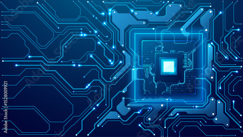 Futuristic AI chip on a circuit board on a technology background. Quantum computer innovation concept. Digital semiconductor with bright light CPU core. Abstract microchip. Vector illustration.