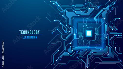 AI quantum computer concept. Artificial intelligence chip on a circuit board on a technology blue background. Cover for web presentation or banner. Tech bg. Abstract digital vector illustration.