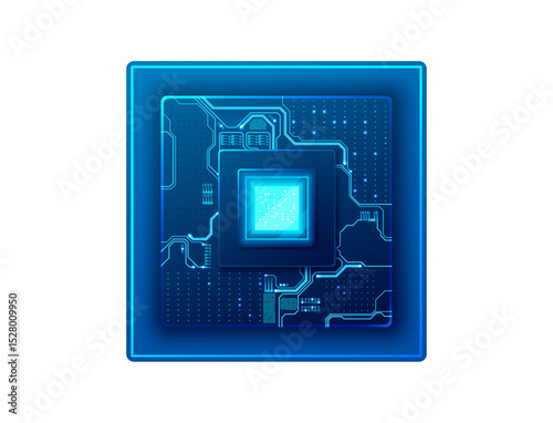 Abstract isolated digital AI chip with neon circuit board components. Artificial Intelligence semiconductor in technology blue. Tech vector illustration. 