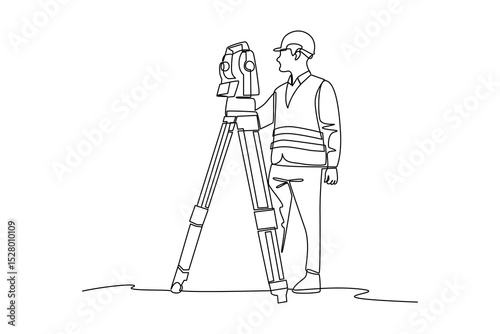Simple continuous line drawing of surveyor engineer setting equipment. Engineer minimalist concept. Surveyor engineers with equipment, theodolite or total positioning station on the construction site