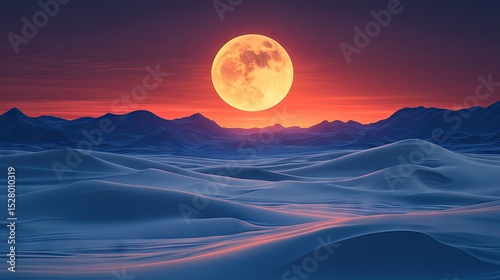A vast desert landscape under a vibrant, full moon.