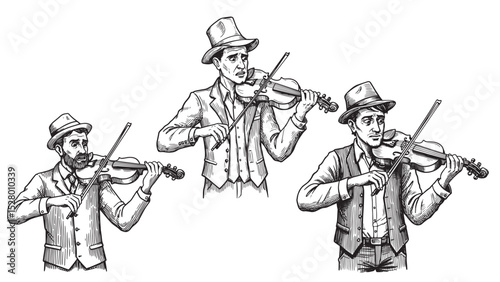Engraved man playing violin standing posture expressive moment vintage music hobby bold classic illustration