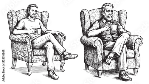 Engraved man drinking coffee cup relaxing vintage leisure morning routine casual bold detailed illustration
