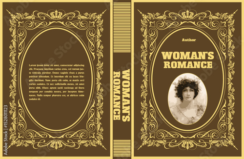 032-41-Vintage book cover design featuring an elegant oval frame, floral ornaments, and a portrait of a woman, evoking classic romantic literature. Hand drawn illustration