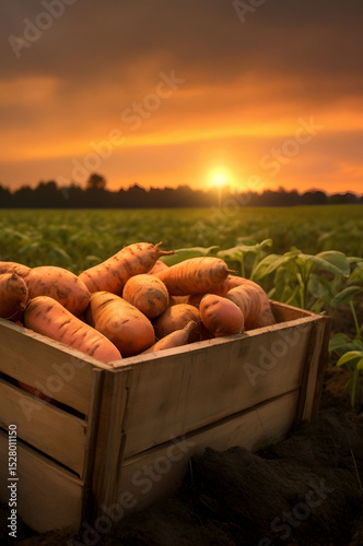 Sweet potatoes harvested in a wooden box with field and sunset in the background. Natural organic fruit abundance. Agriculture, healthy and natural food concept. Vertical composition.