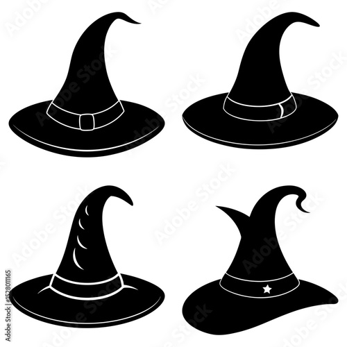 Illustration of four different black witch hats with pointed tops and wide brims on a white background