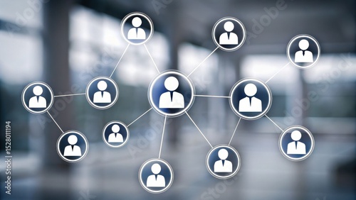 A digital network diagram shows interconnected user icons against a blurred office background, symbolizing teamwork, communication, and connectivity.