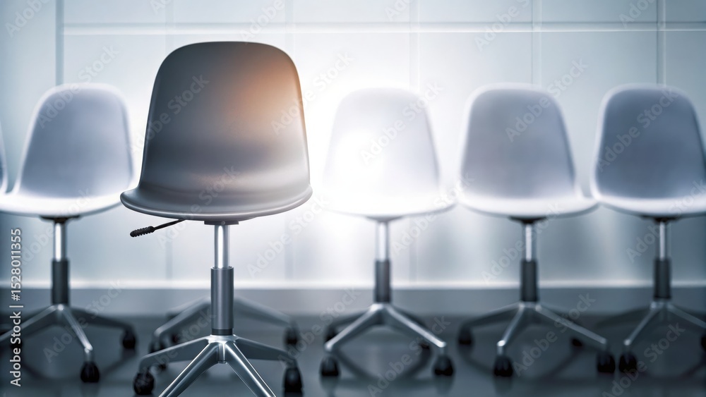 Fototapeta premium A single office chair stands out among a row of identical white chairs in a modern, minimalistic room.