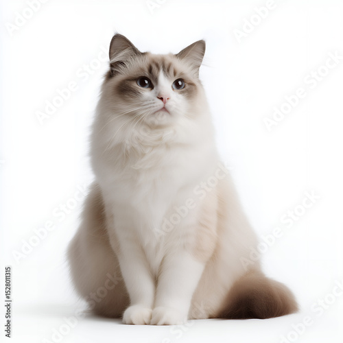 Fluffy Ragdoll Cat Sitting On White Background