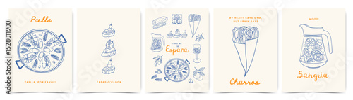 Summer abstract Mediterranean food poster set with trendy hand drawn doodle elements. Spanish vacation line art for wall decor, branding, ads, print, card, cover, sale, discount, menus design, promo.