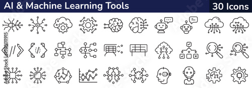 30 AI & Machine Learning Tools Icons for Modern Design. A set of 30 clean line icons representing various AI and machine learning tools.