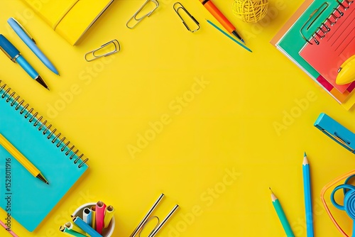 High Definition Visual of Colorful Office Supplies on Yellow Background
