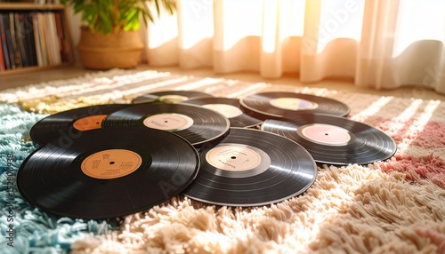 Classic vinyl records scattered on colorful shag carpet, sunlight beaming through blinds onto vivid album covers