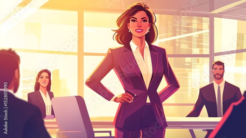 Confident woman in a suit standing before a group of diverse colleagues in a business meeting