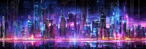 Neon cityscape reflecting in water at night