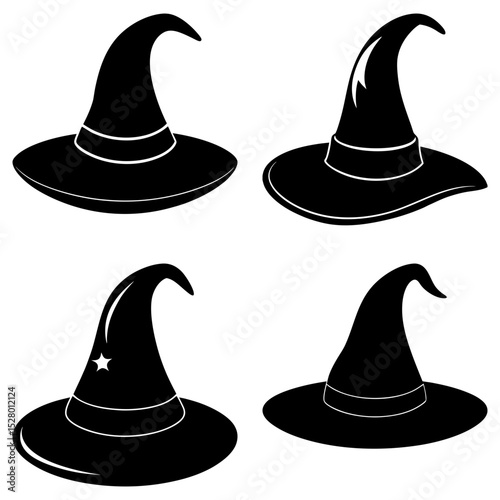 Four black witch hats with pointed tops and brims arranged on a white background in a simple illustration