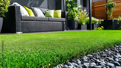 Fototapeta Naklejka Na Ścianę i Meble -  Tranquil outdoor space showcasing a modern patio, lush artificial turf, and elegant decor