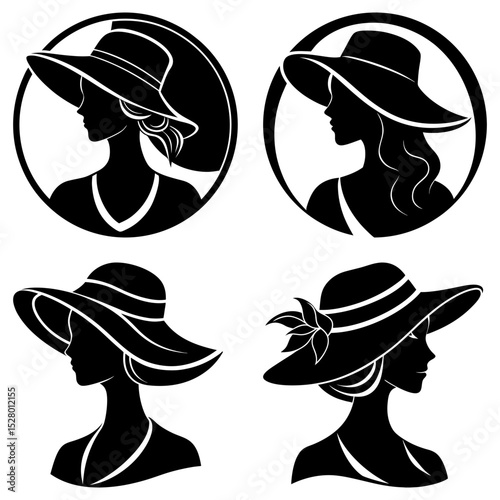 Silhouetted women wearing wide brimmed hats in various styles and poses in black and white illustration