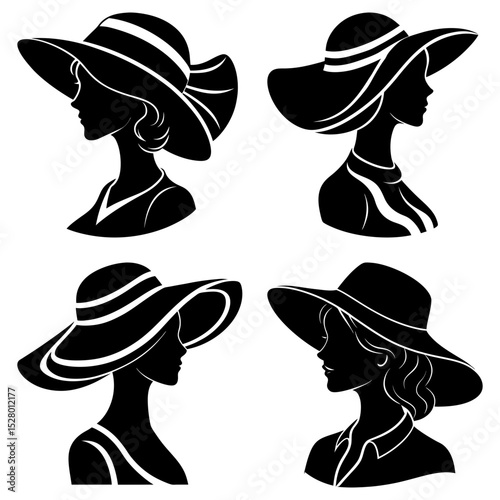 Silhouettes of women wearing hats with wide brims and decorative bands in a graphic arrangement of four