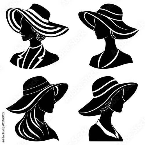 Four elegant women silhouettes wearing wide brimmed hats in a black and white graphic design style