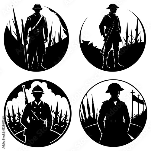 Four circular silhouette images of soldiers with rifles in various war settings and poses in black and white