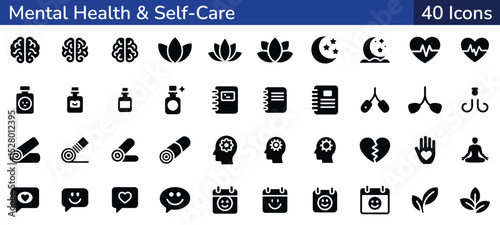 40 Black and White Mental Health & Self-Care Icons. A set of 40 simple, black and white icons designed for mental health and self-care.