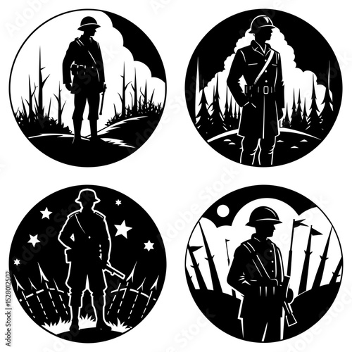 Four circular depictions of soldiers in silhouette against various backgrounds and settings artfully arranged