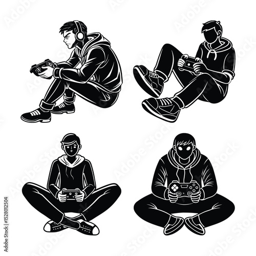 Buddha and Buddhist temple vector illustration with black and white background in retro silhouette style