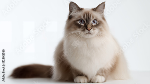 Fluffy Ragdoll Cat Sitting On White Background