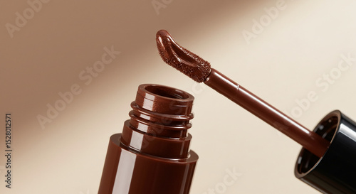 Minimalist packaging of brown lip gloss on minimalist background, chocolate tone, makeup, cosmetics, wet effect photo