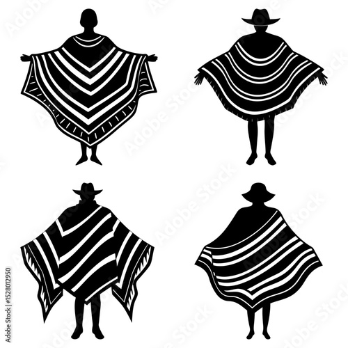 Silhouettes of people wearing striped ponchos and hats in a black and white illustration style image