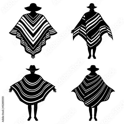 Four silhouettes of people wearing ponchos and hats with varying stripe patterns in black and white style