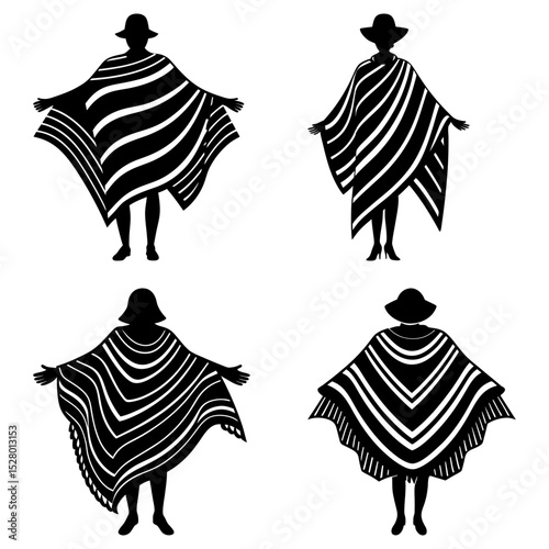 Silhouettes of women wearing striped ponchos and hats in various poses on a white background design element