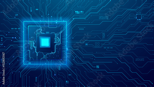 Abstract technology background with blue circuit board, semiconductor, and electronics components. AI chip with bright light core. Digital tech background. Vector illustration. Artificial Intelligence