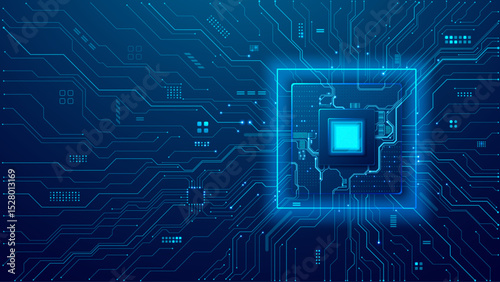 Technology circuit board background. Artificial Intelligence microchip with light blue neon electronics components. AI semiconductor concept. Tech bg is great for banners, presentations, and website.
