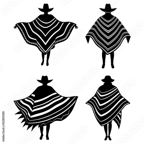 Four silhouettes of people wearing ponchos and hats with striped patterns in black and white style