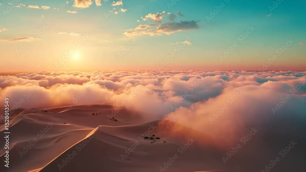 Desert landscape at sunrise above clouds