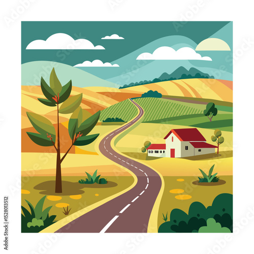 Colorful Countryside Road and Farm Landscape Vector Illustration

