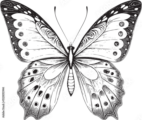 Black and white butterfly illustration: A detailed illustration of a butterfly with black and white color scheme, showcasing intricate wing patterns and delicate details.