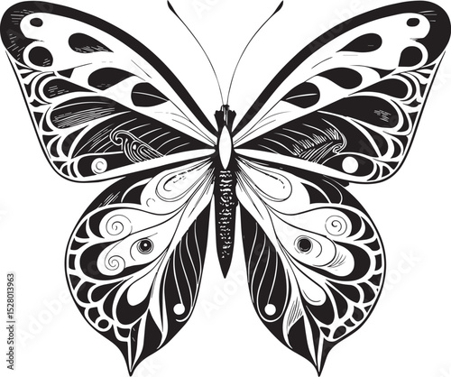 Black and white butterfly illustration: A detailed illustration of a butterfly with black and white color scheme, showcasing intricate wing patterns and delicate details.
