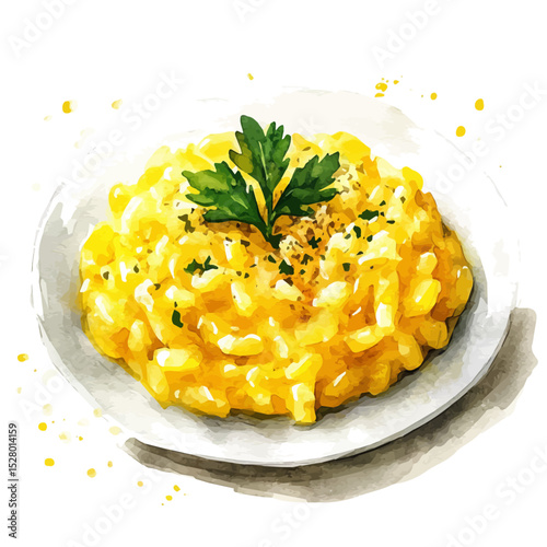 watercolor vector of Risotto Alla Milanese, high quality, isolated on a white background.