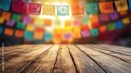 Rustic wooden surface with colorful papel picado decorations.